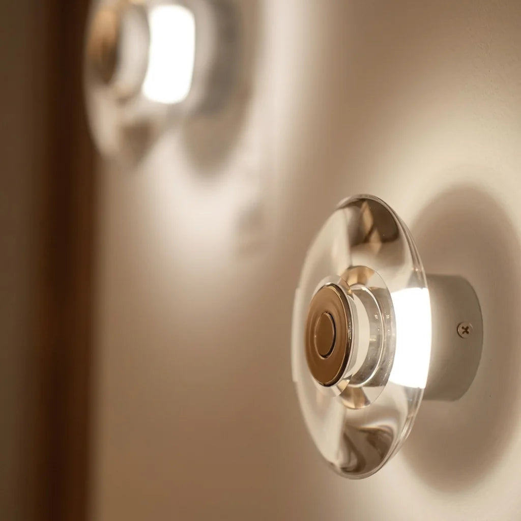 Lentille en cristal et halo lumineux sur un mur beige, vus de près