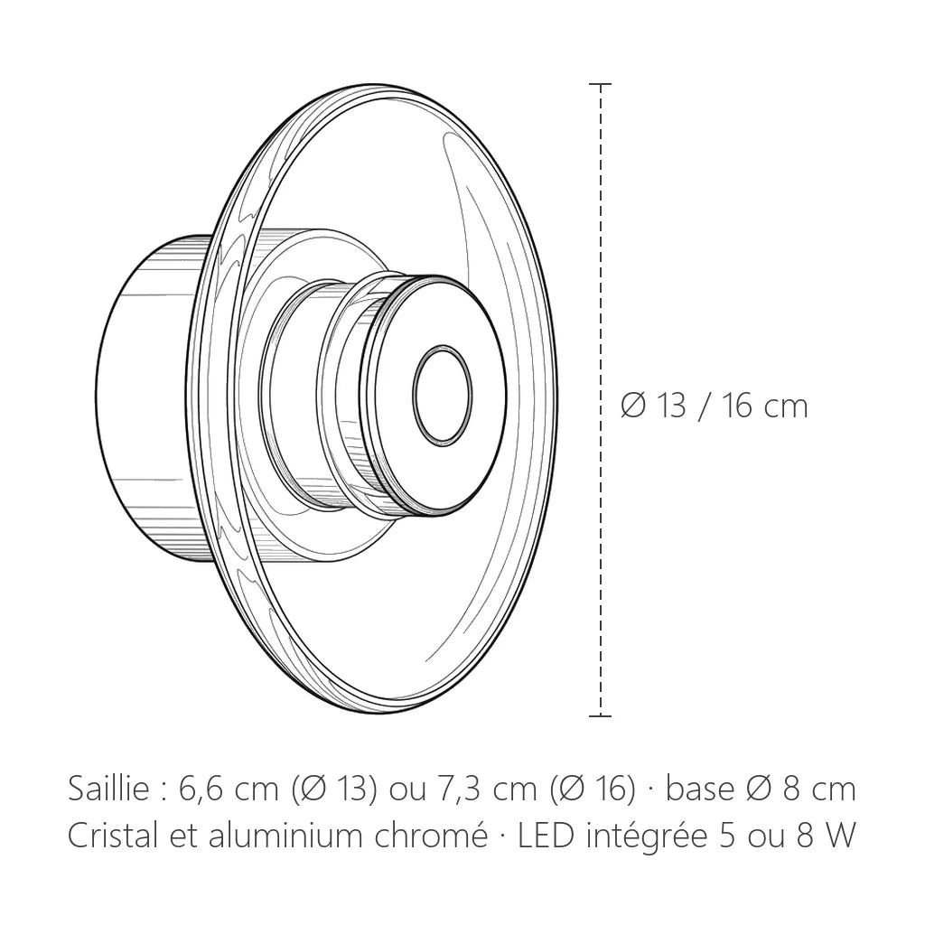 Dimensions de l'applique LED disque en cristal : Ø 13 ou 16 cm
