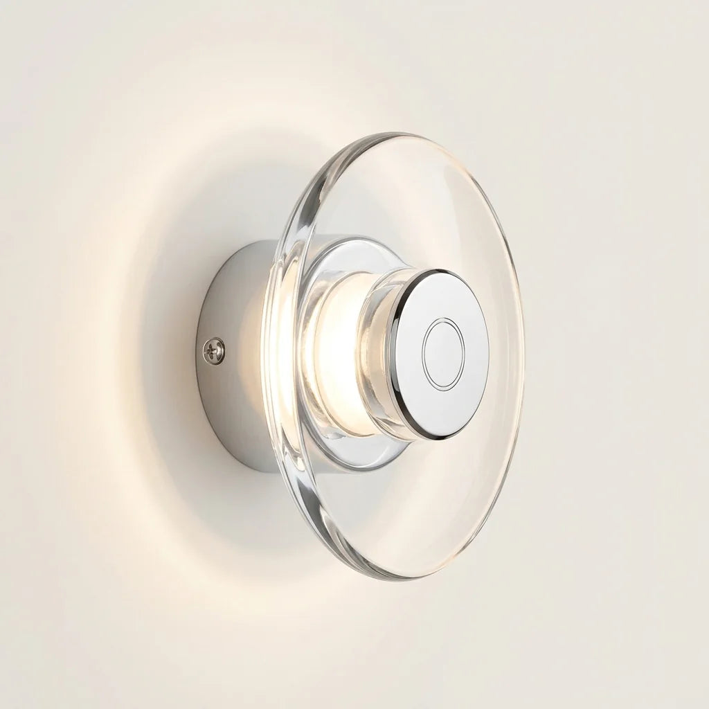Applique murale LED disque en cristal et base chromée, allumée