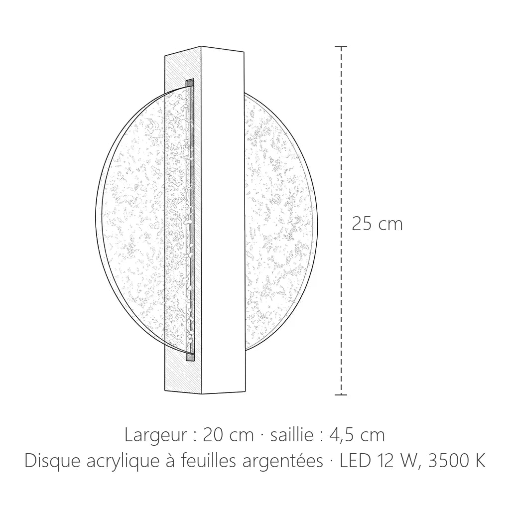 Dimensions de l'applique LED disque pailleté : 25 cm de haut, 20 cm de large