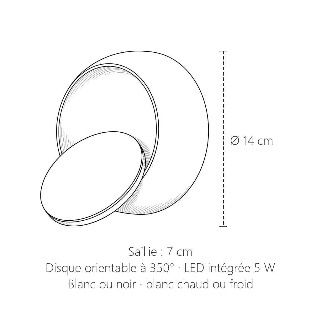 Dimensions de l'applique LED éclipse : Ø 14 cm, 7 cm de saillie