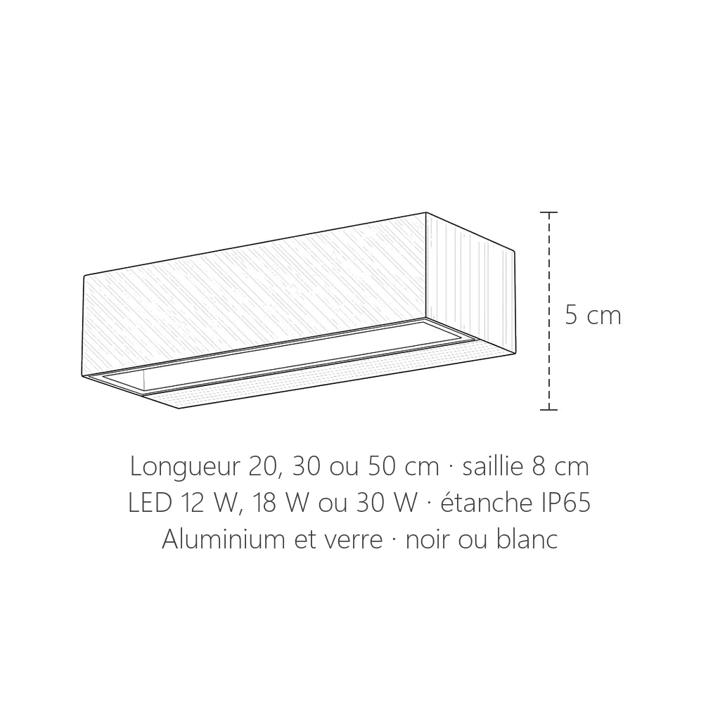 Dimensions de l'applique LED extérieure : 20, 30 ou 50 cm de long, 5 cm de haut