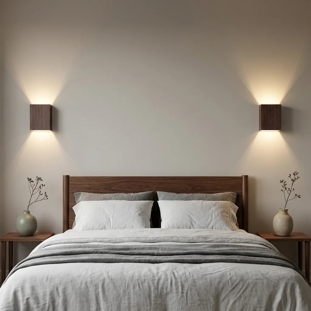 Deux appliques LED effet noyer allumées autour d'une tête de lit