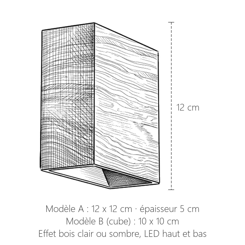 Dimensions de l'applique LED haut et bas modèle A : 12 x 12 x 5 cm