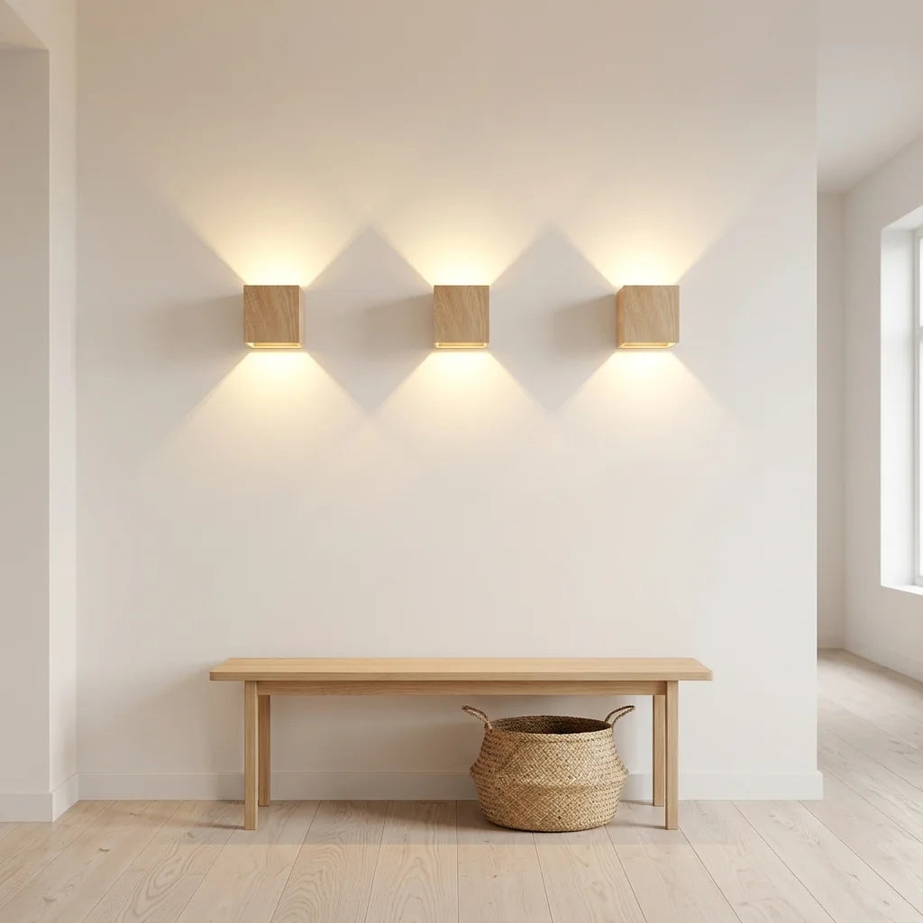 Trois appliques cube effet chêne allumées au-dessus d'un banc d'entrée