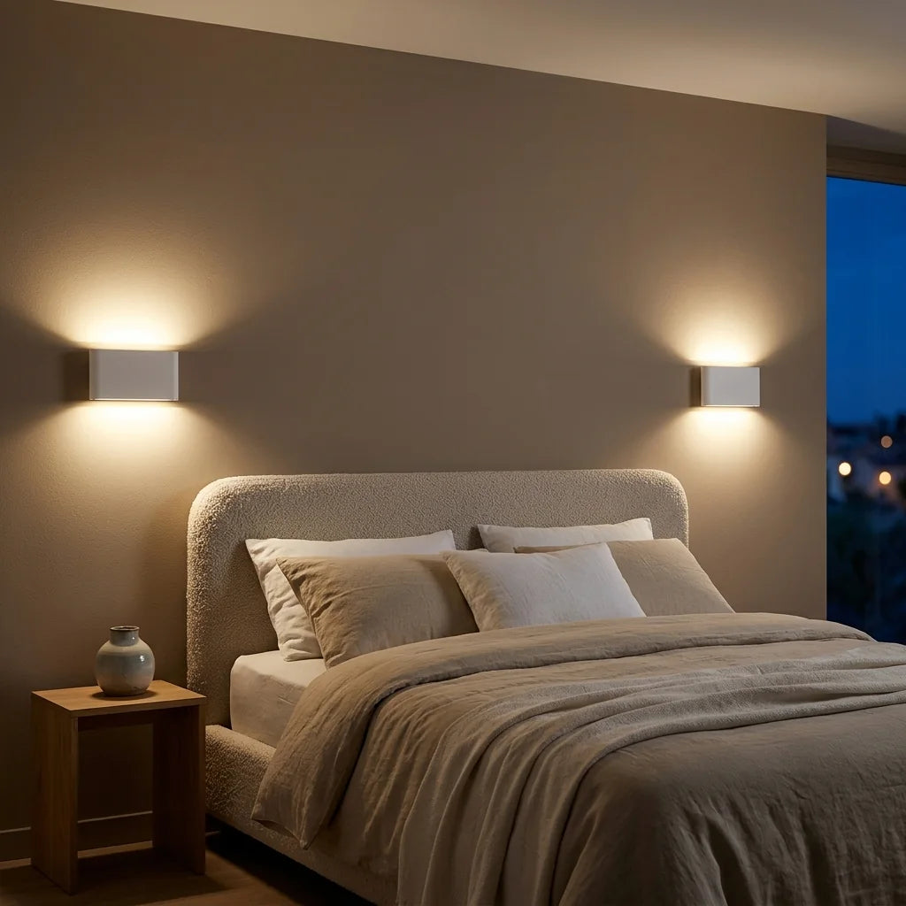 Deux appliques LED blanches de part et d'autre d'une tête de lit bouclette