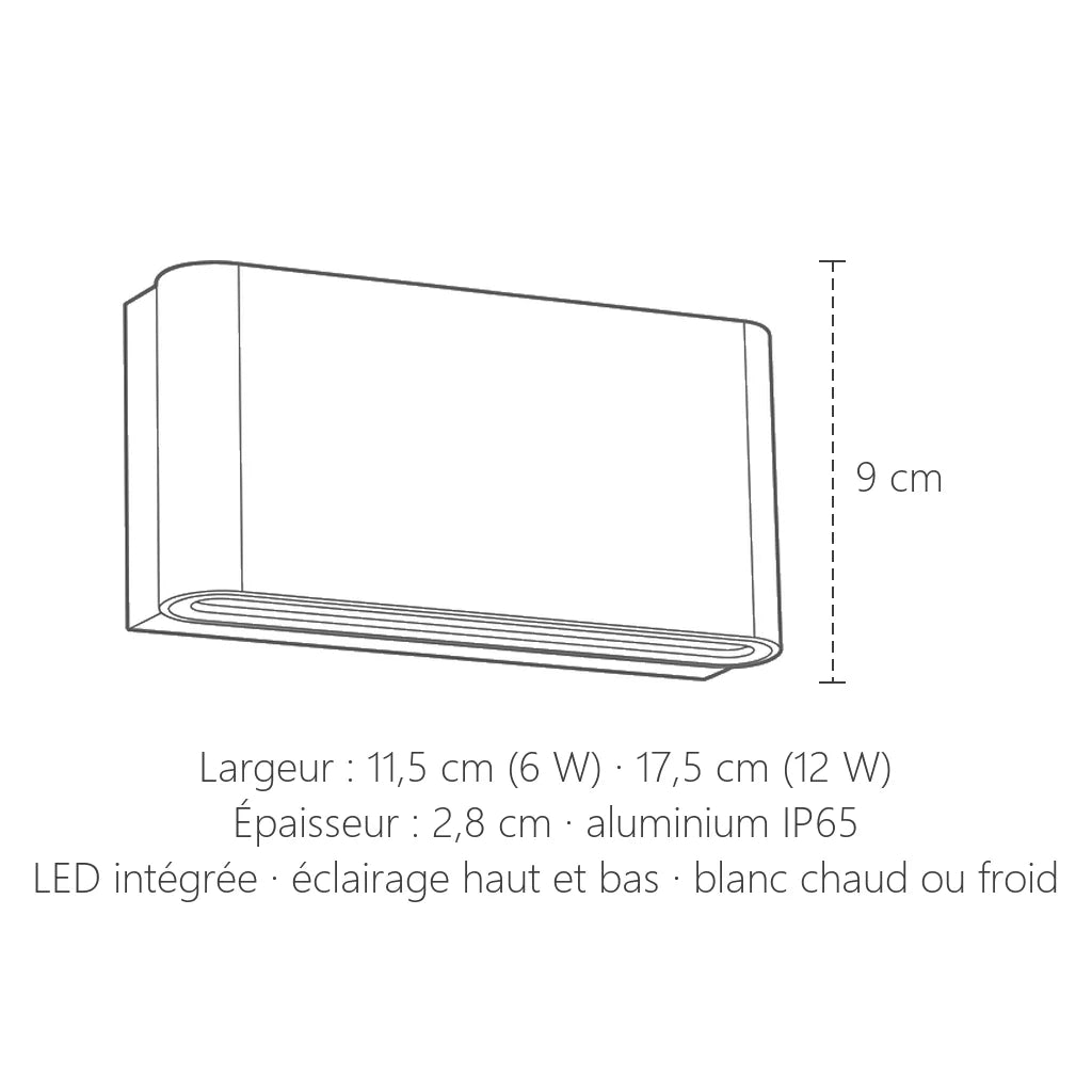 Dimensions de l'applique LED épurée : 11,5 ou 17,5 cm × 9 cm