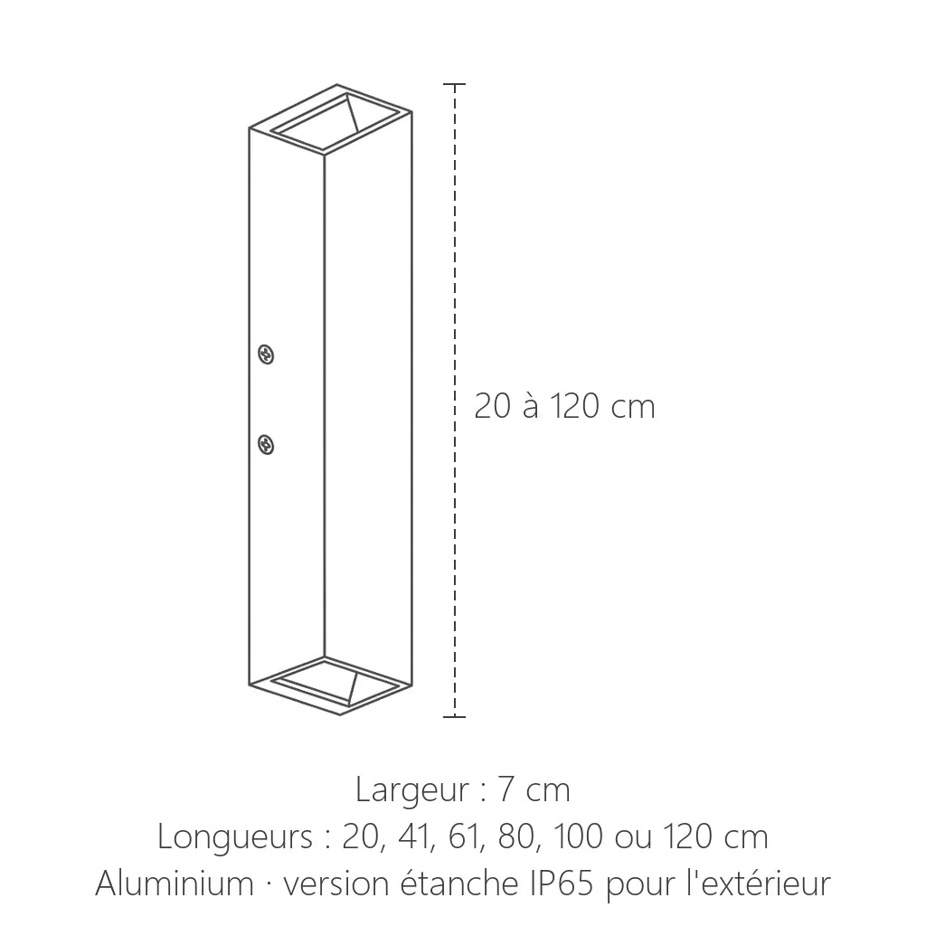Dimensions de l'applique LED lame : 7 cm de large, 20 à 120 cm de haut