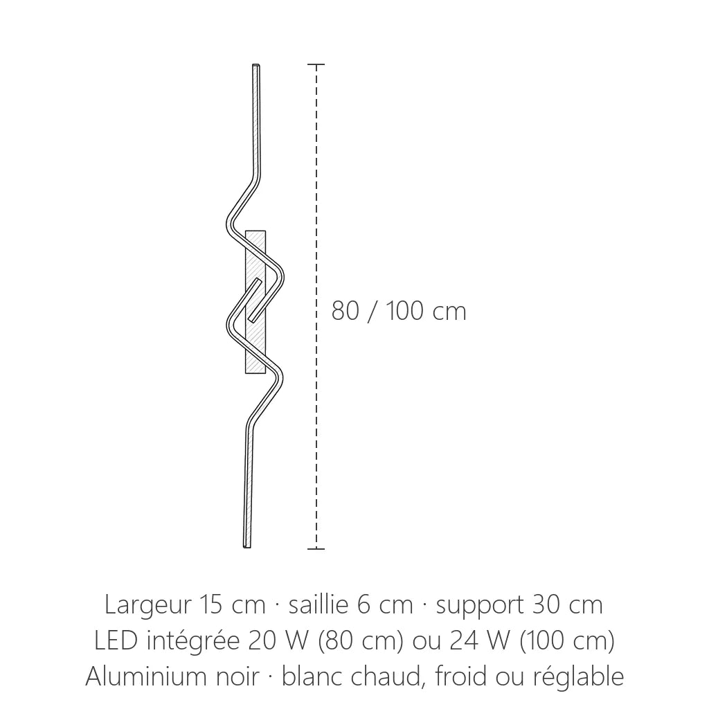 Dimensions de l'applique LED ligne ondulée : 80 ou 100 cm de haut, 15 cm de large