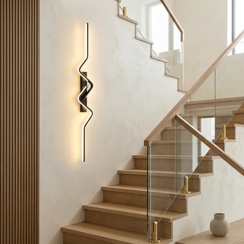 Applique LED ligne ondulée le long d'un escalier en chêne