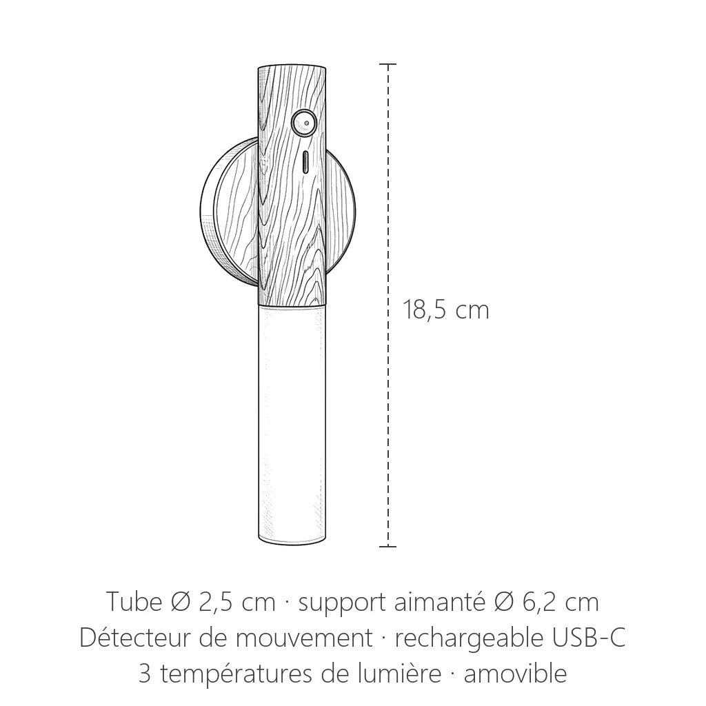 Dimensions de l'applique LED magnétique : 18,5 cm de haut