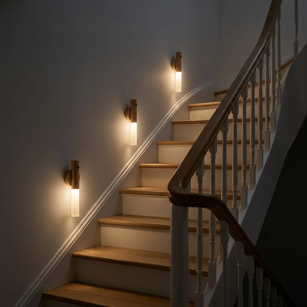 Trois appliques à détecteur le long d'un escalier la nuit