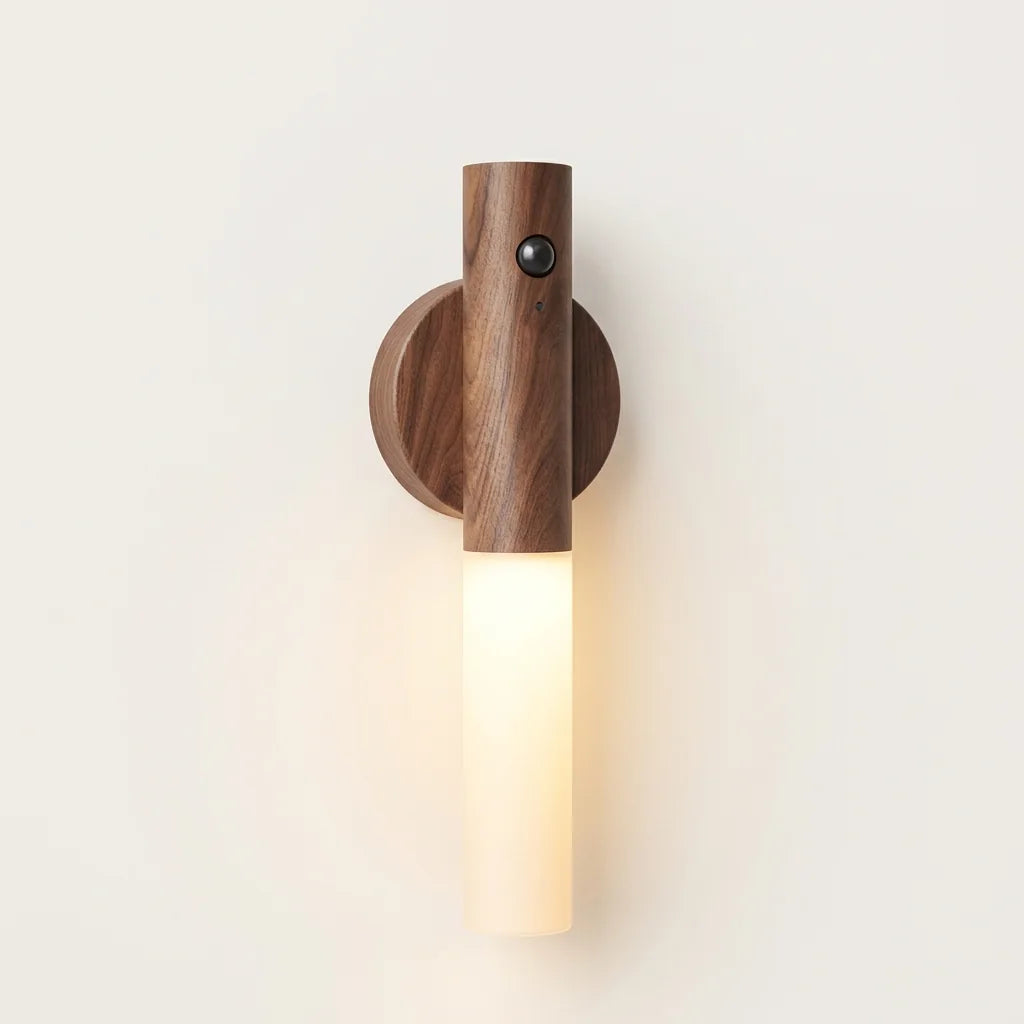 Applique LED magnétique en noyer avec détecteur, allumée