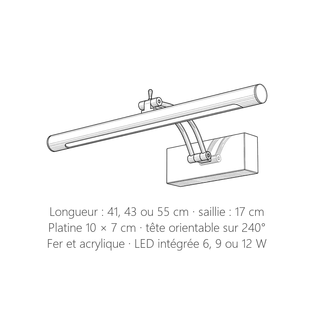 Dimensions de l'applique LED miroir : 41 à 55 cm de long, 17 cm de saillie
