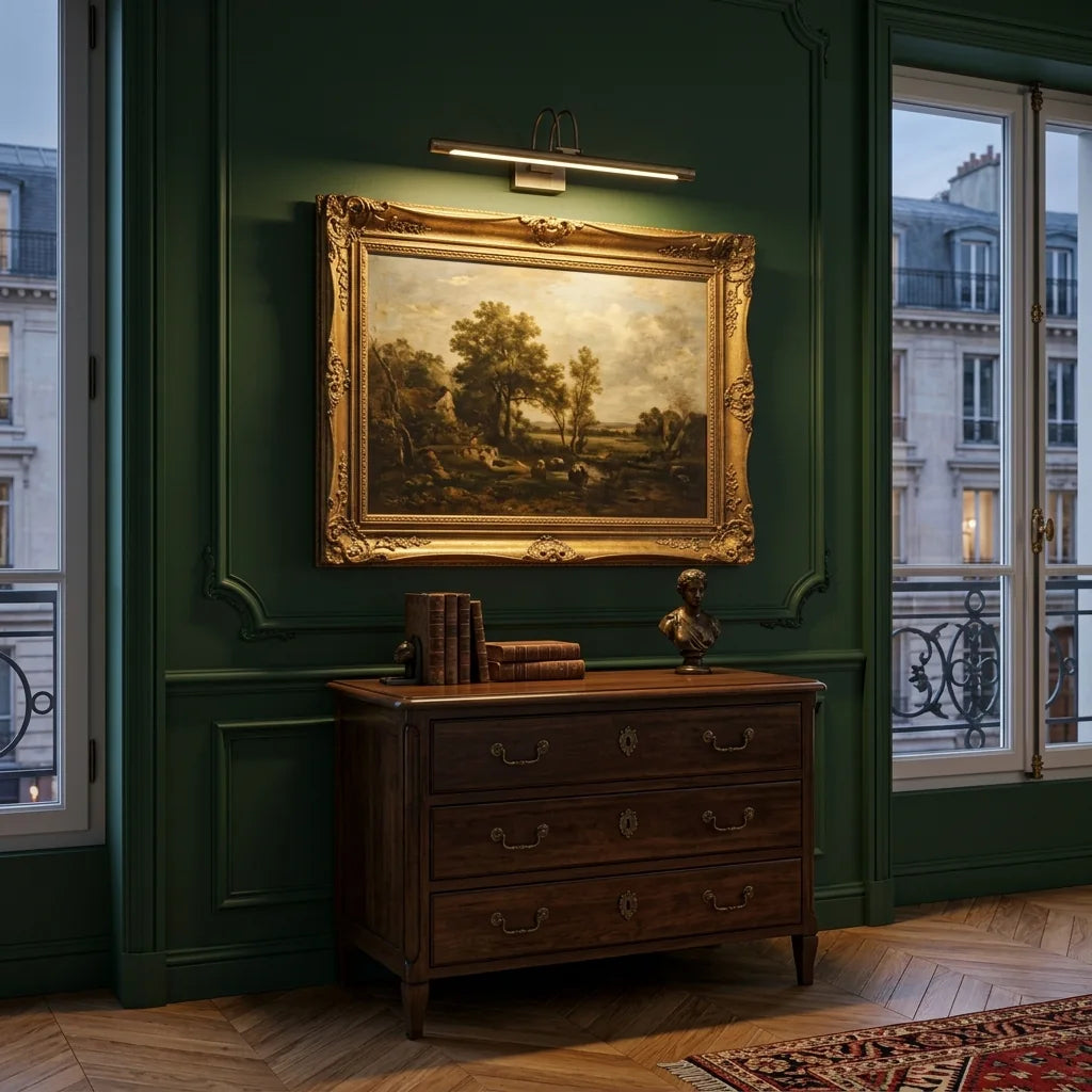 Applique bronze éclairant un paysage dans un salon haussmannien vert