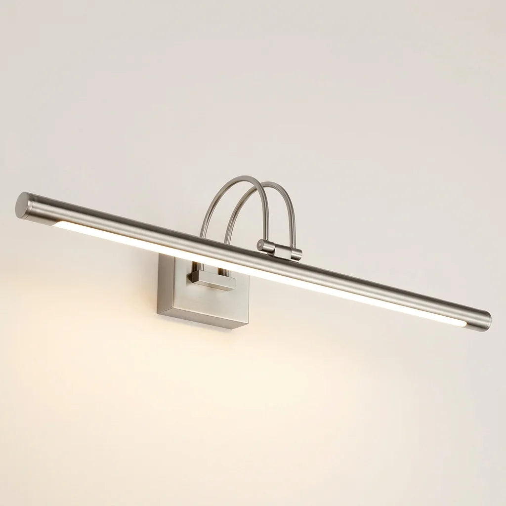 Applique LED miroir nickel satiné à double arceau, allumée