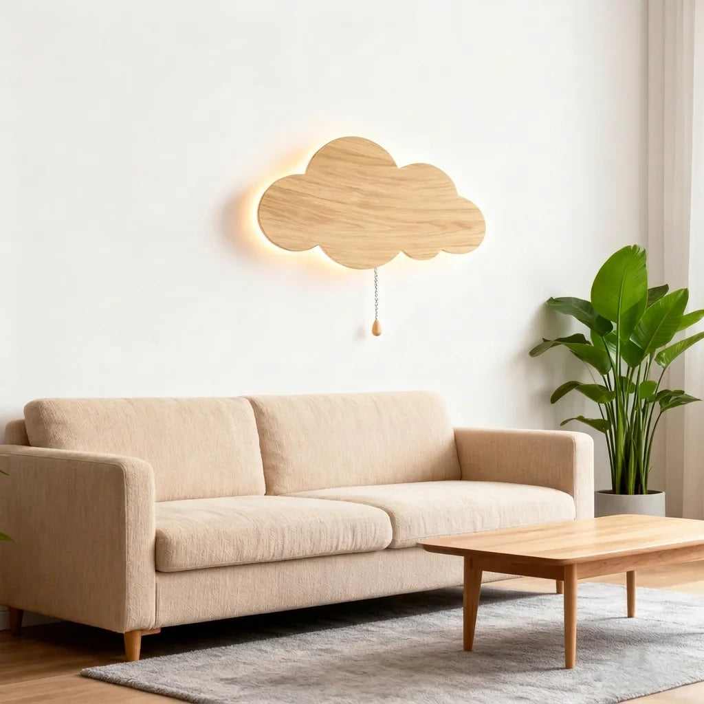 Applique nuage en bois au-dessus d'un canapé beige