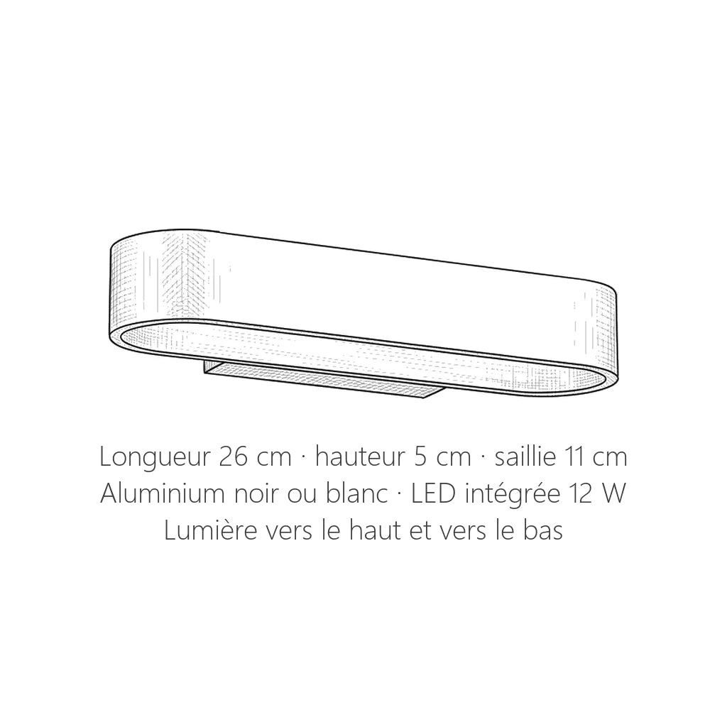 Dimensions de l'applique LED ovale : 26 cm de long, 5 cm de haut, 11 cm de saillie