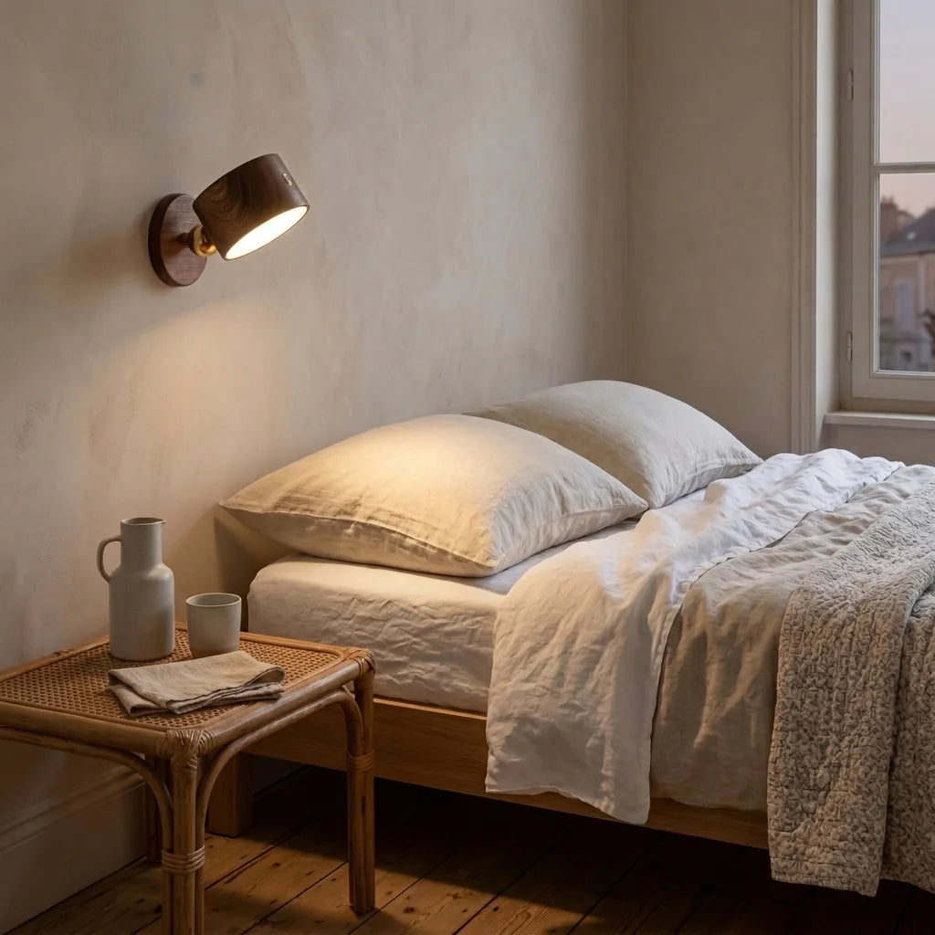 Applique rechargeable en liseuse au-dessus d'un lit en lin