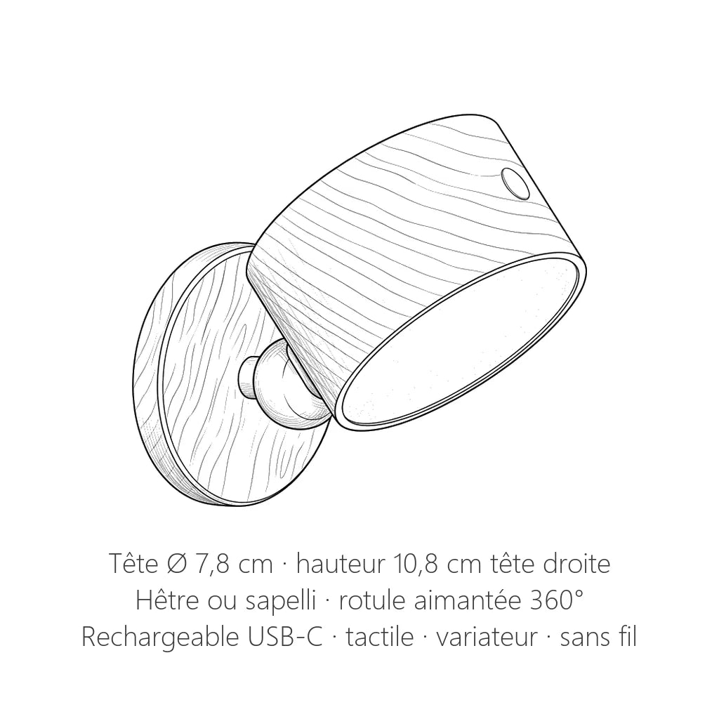 Dimensions de l'applique LED rechargeable en bois : tête Ø 7,8 cm, 10,8 cm de haut