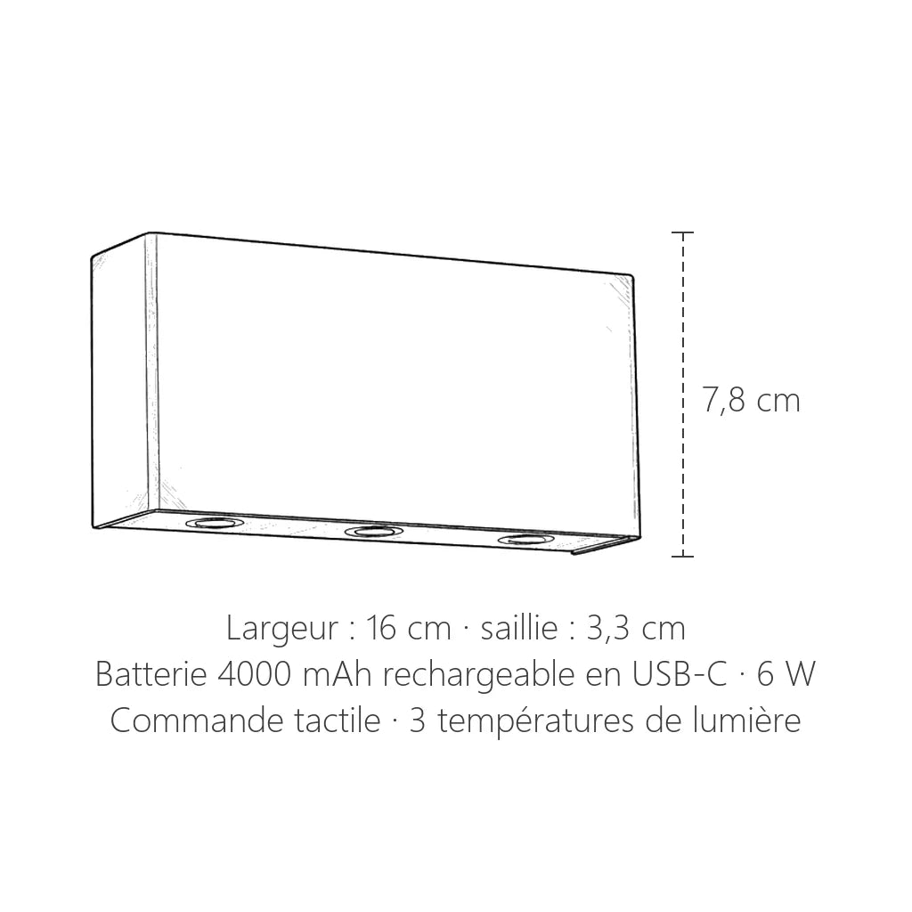 Dimensions de l'applique LED rechargeable : 16 cm de large, 7,8 cm de haut