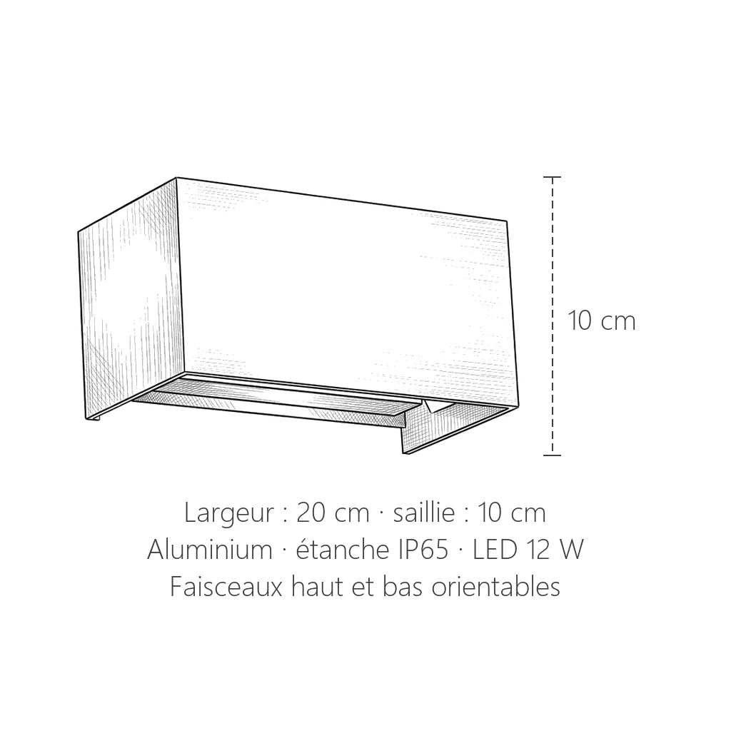 Dimensions de l'applique LED rectangulaire : 20 × 10 × 10 cm