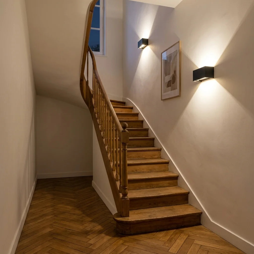 Deux appliques LED rectangulaires le long d'un escalier en bois