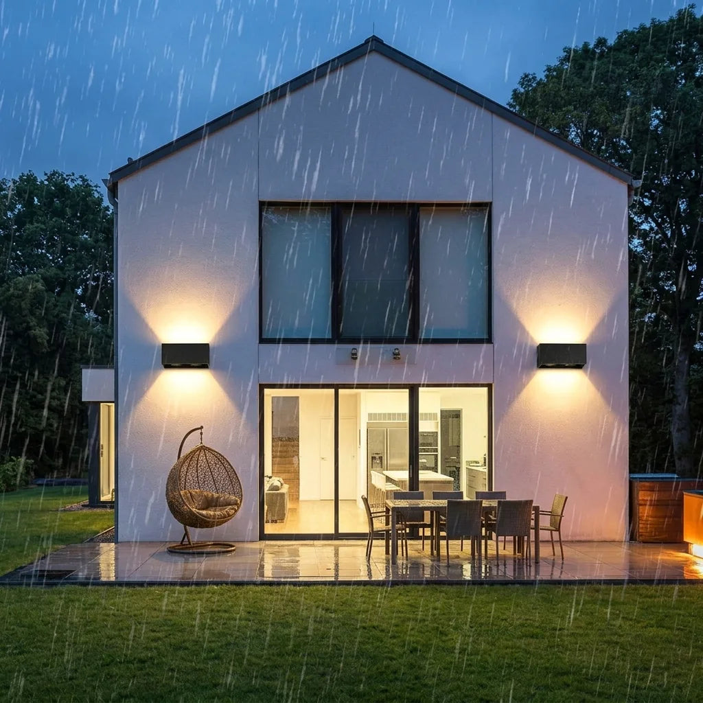Deux appliques LED rectangulaires sur une façade sous la pluie