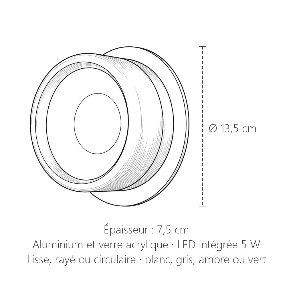 Dimensions de l'applique LED ronde en verre : Ø 13,5 cm, 7,5 cm d'épaisseur
