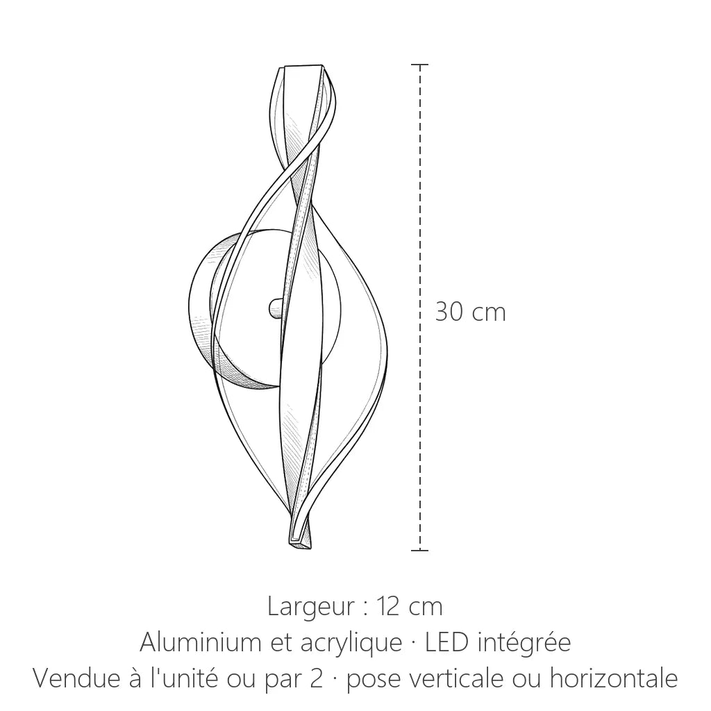 Dimensions de l'applique LED ruban acrylique : 30 cm de haut, 12 cm de large
