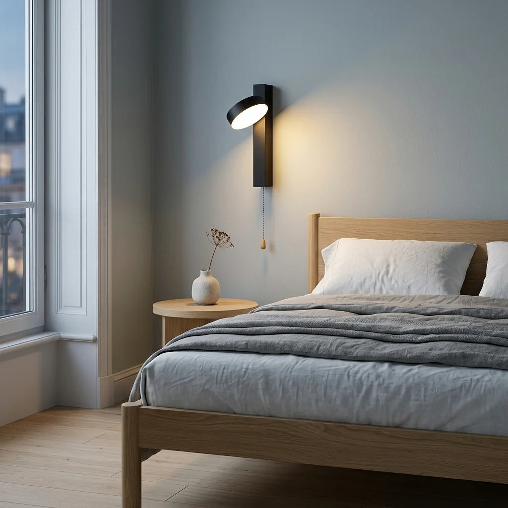 Applique LED à tirette en liseuse au-dessus d'un lit en chêne