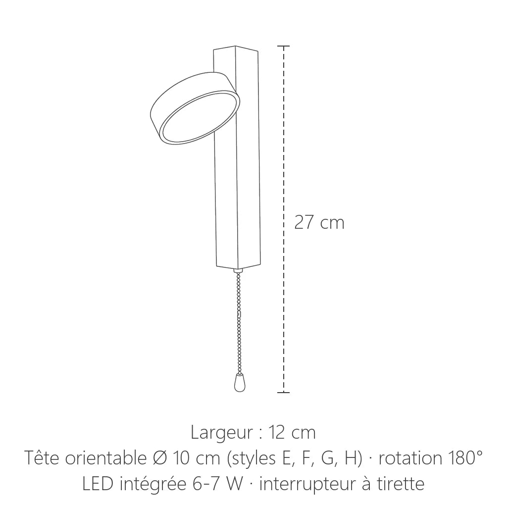 Dimensions de l'applique LED à tirette : 27 cm de haut, 12 cm de large