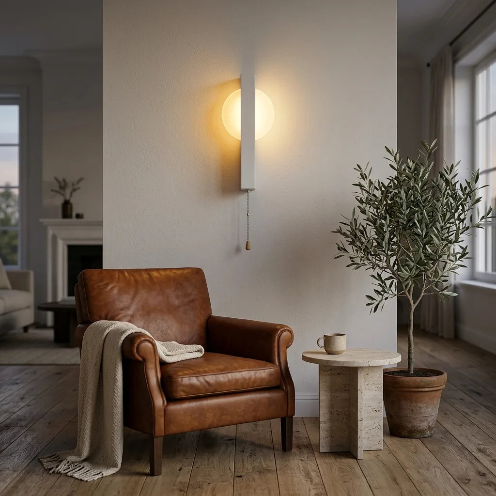 Applique LED blanche à tirette au-dessus d'un fauteuil en cuir