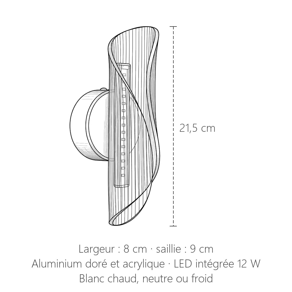 Dimensions de l'applique LED vague : 21,5 cm de haut, 9 cm de saillie