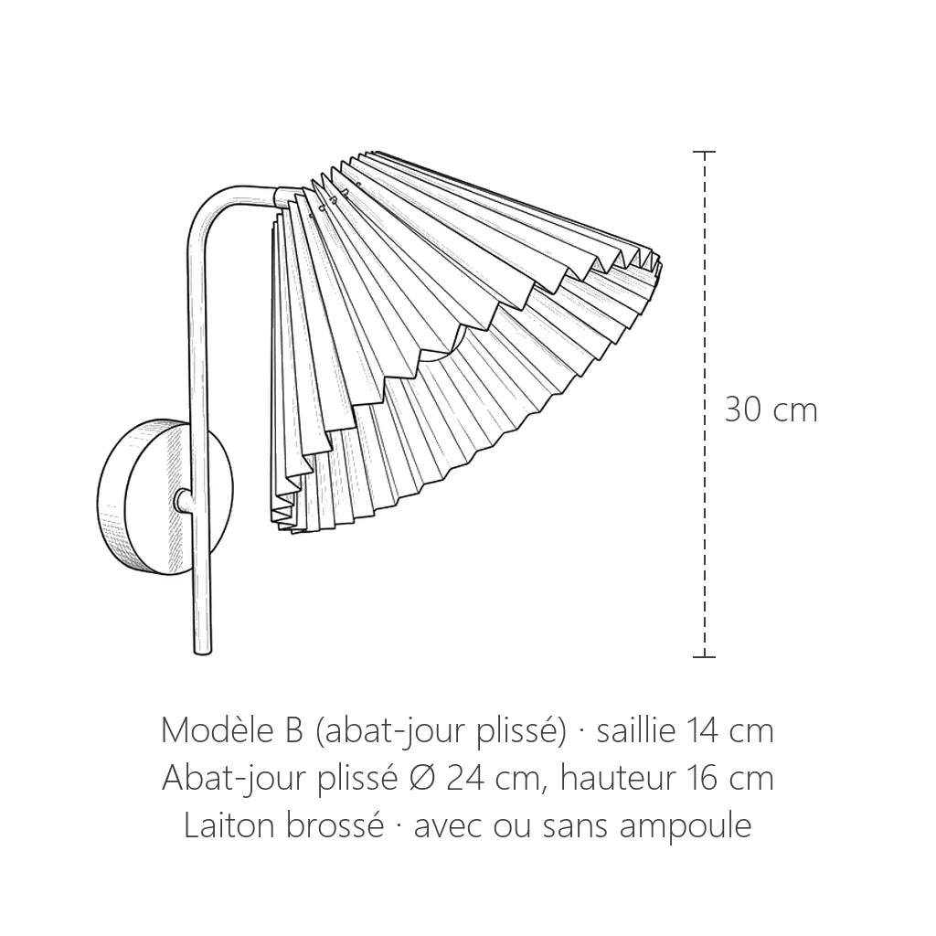 Dimensions de l'applique à abat-jour plissé : 30 cm de haut, Ø 24 cm