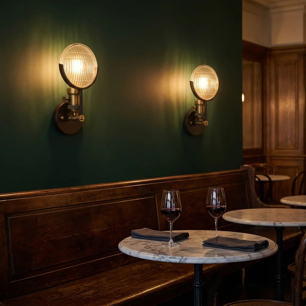 Deux appliques loft bronze au-dessus d'une banquette de bistrot