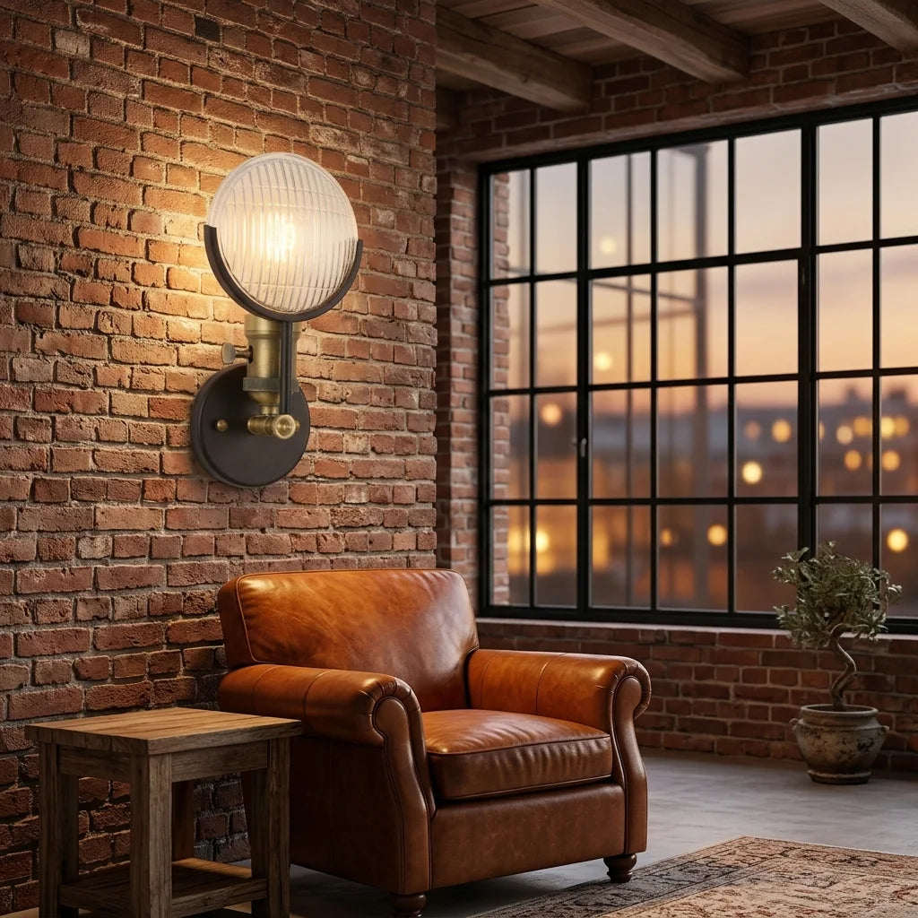 Applique loft bronze sur un mur de briques près d'un fauteuil en cuir