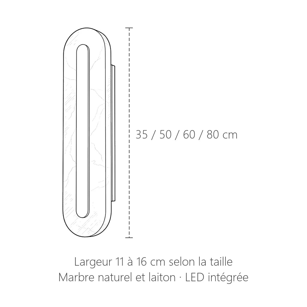 Dimensions de l'applique arrondie en marbre : 35 à 80 cm de haut