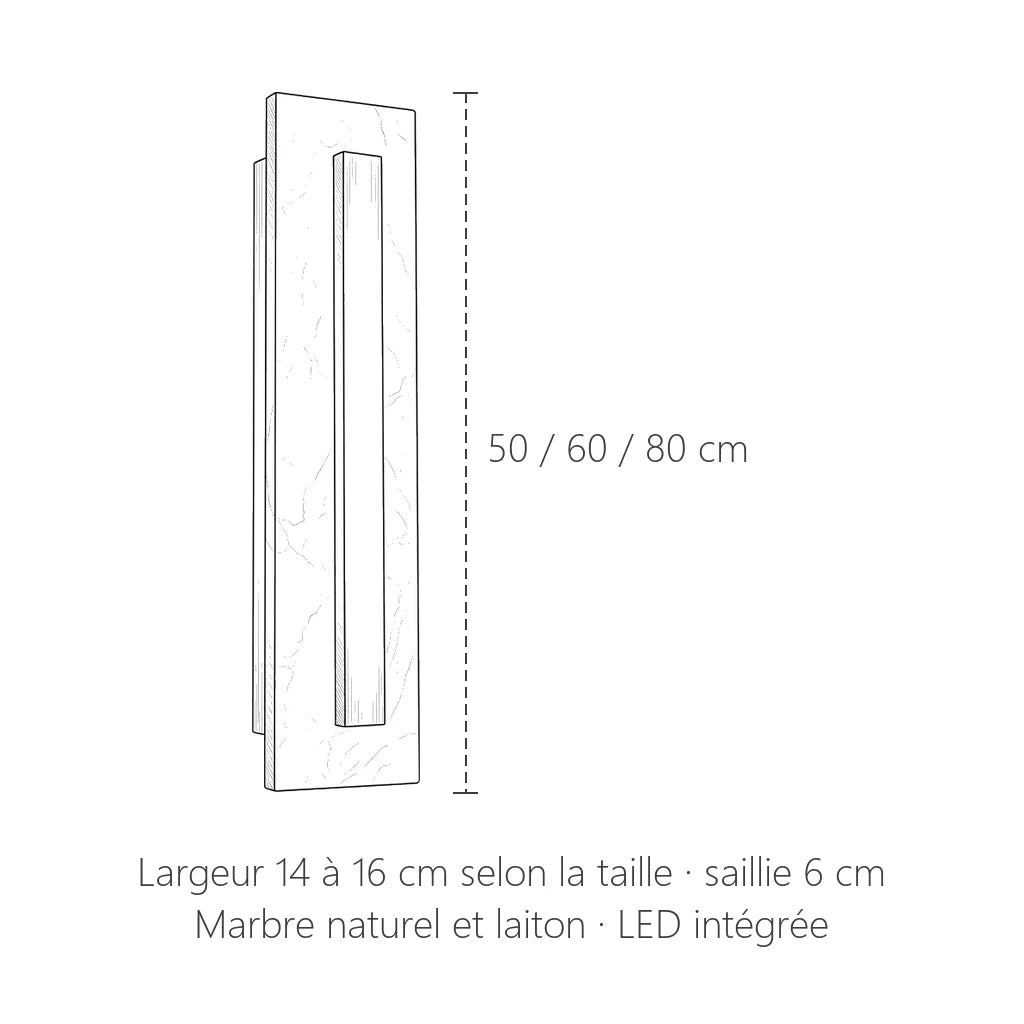 Dimensions de l'applique rectangulaire en marbre : 50 à 80 cm de haut