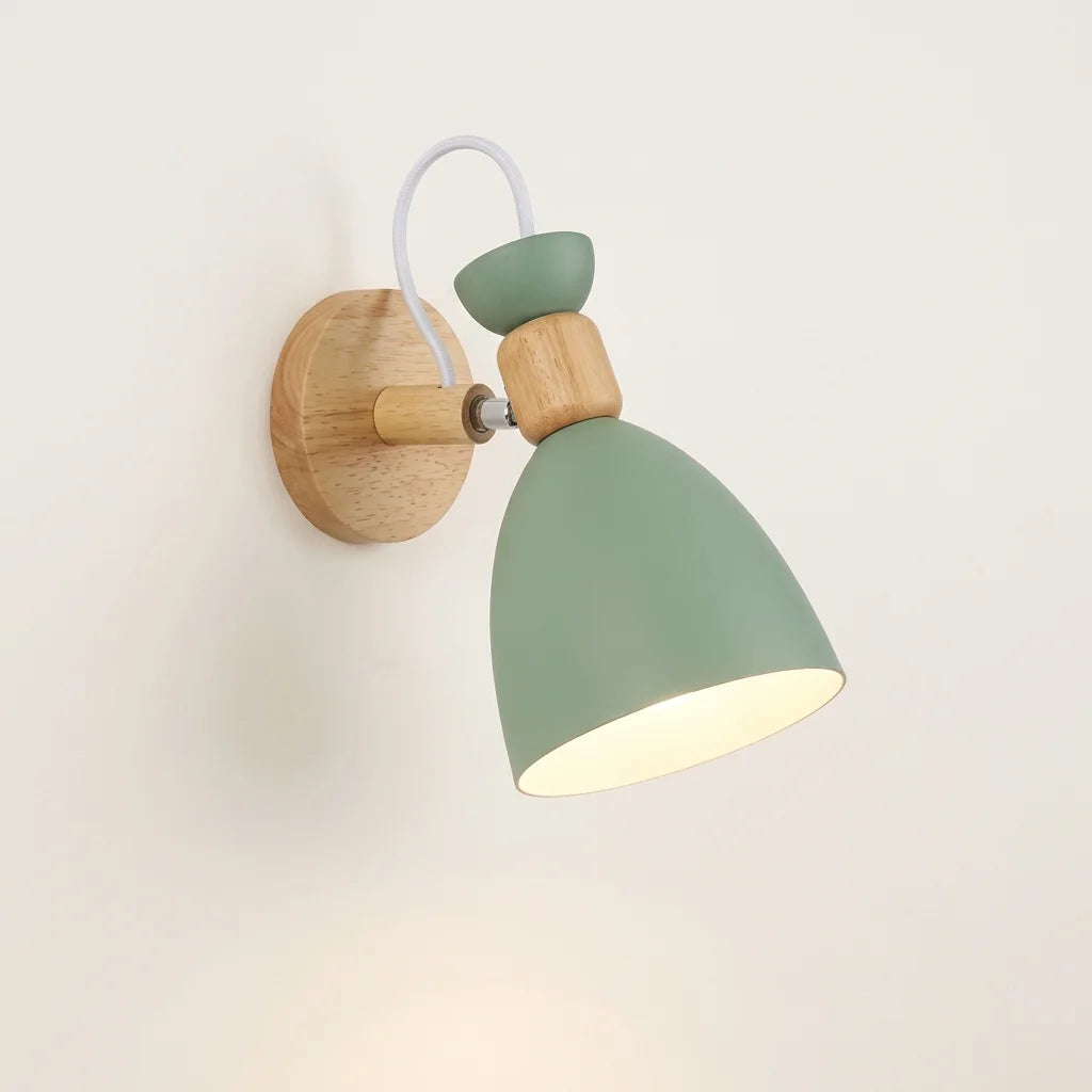 Applique murale orientable bois et cloche en métal vert sauge, style A
