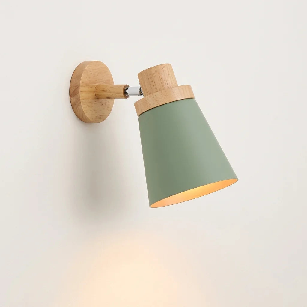Applique murale orientable bois et cône en métal vert sauge, style B