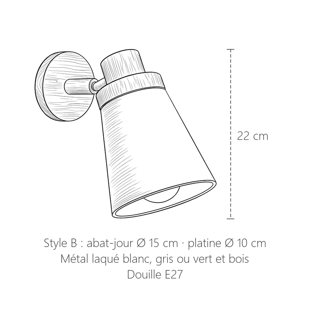 Dimensions de l'applique orientable bois et métal, style B : 22 cm