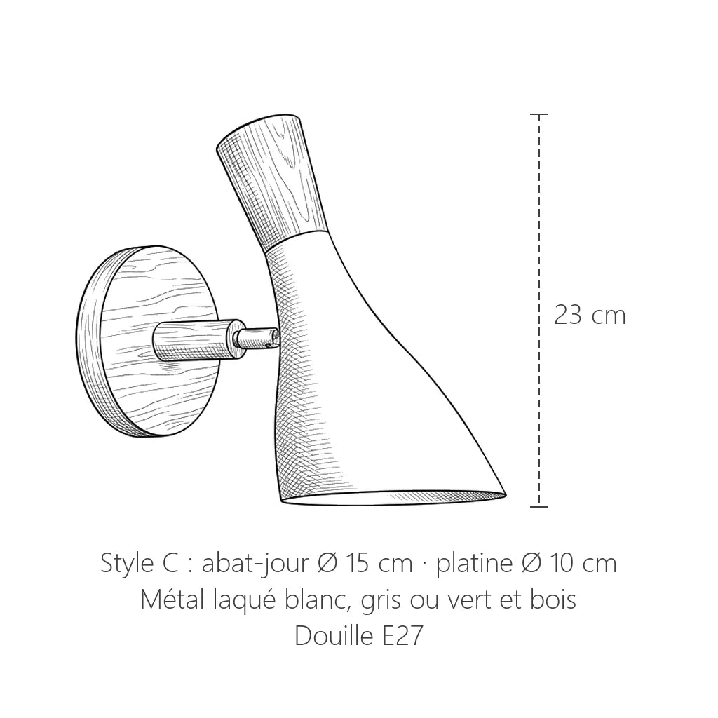 Dimensions de l'applique orientable bois et métal, style C : 23 cm