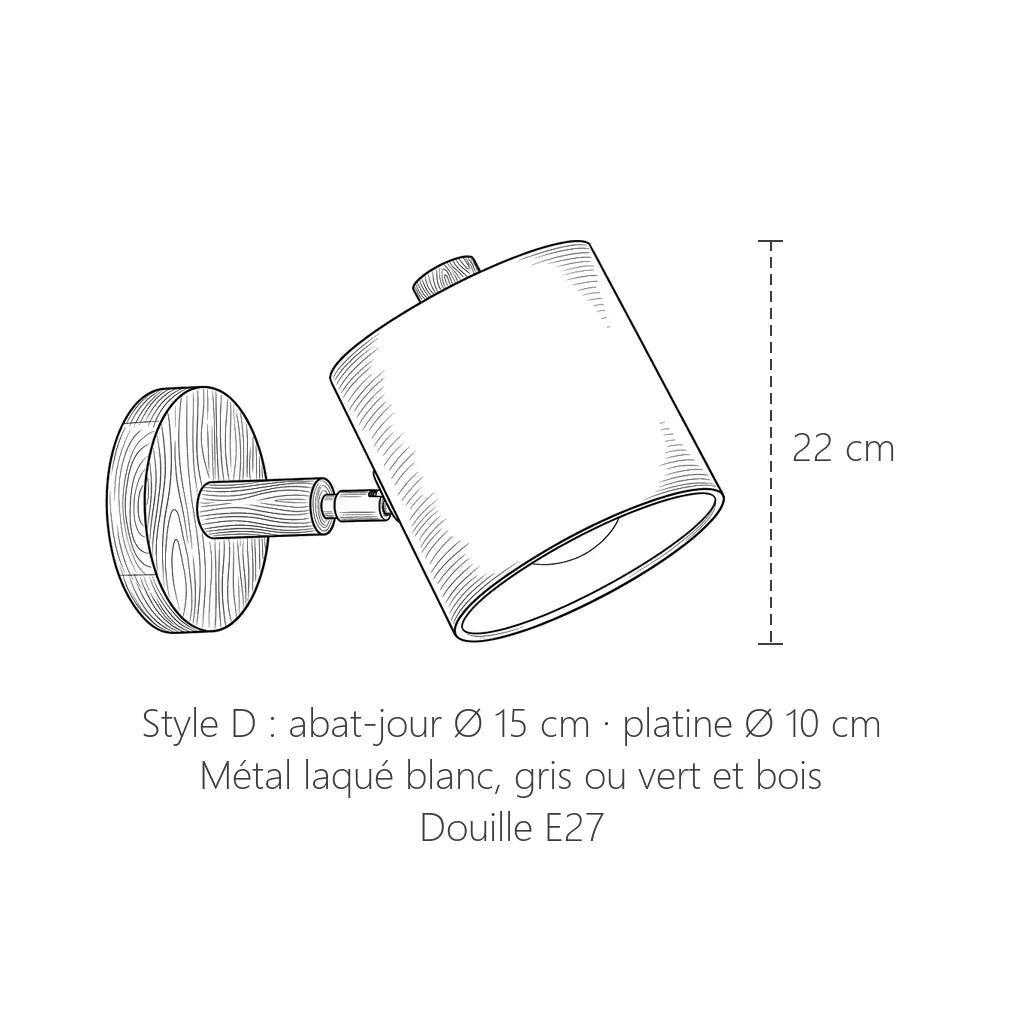 Dimensions de l'applique orientable bois et métal, style D : 22 cm