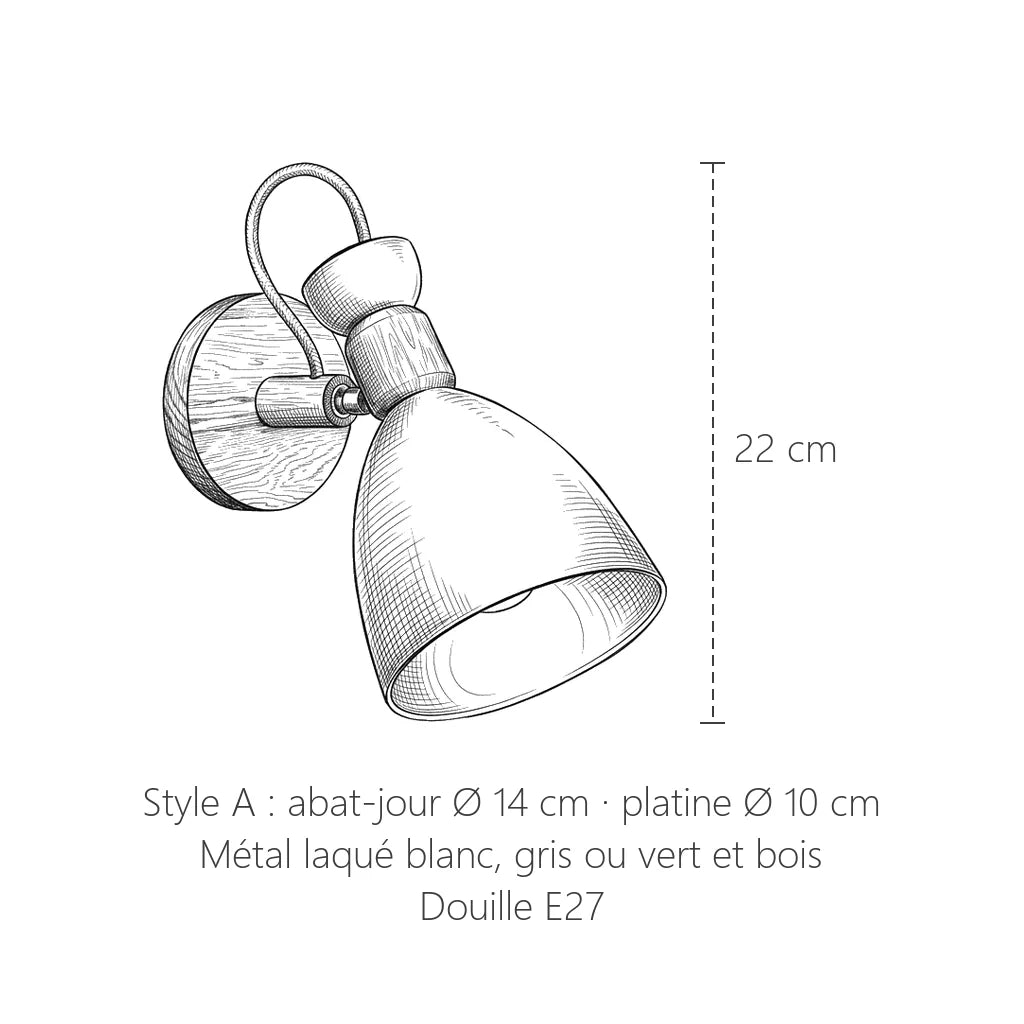 Dimensions de l'applique orientable bois et métal, style A : 22 cm