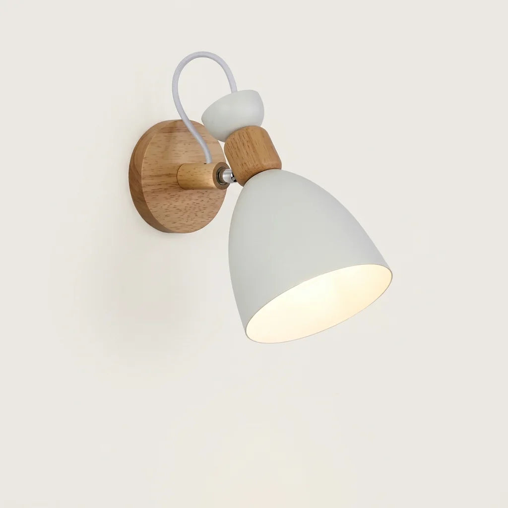 Applique murale orientable bois et cloche en métal blanc, style A, allumée