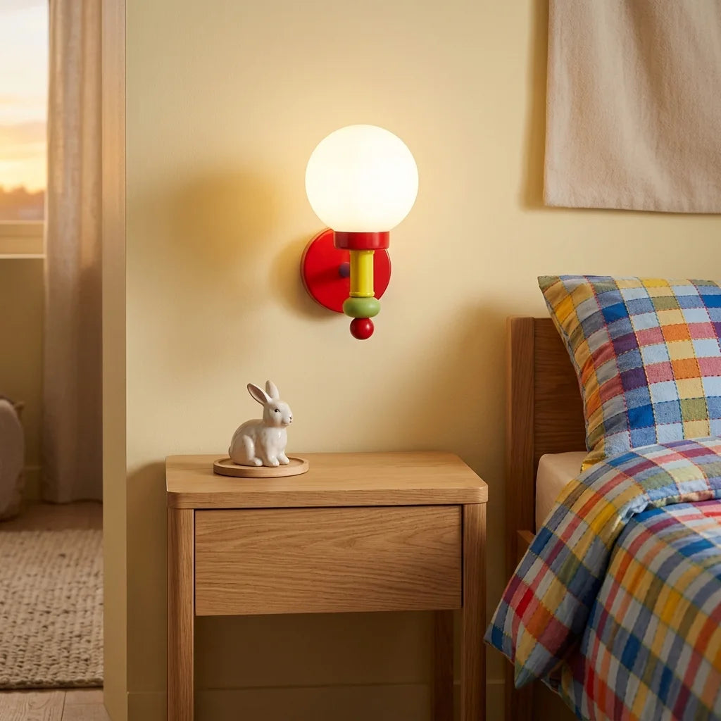 Applique multicolore sur un mur jaune pâle au-dessus d'un chevet en bois