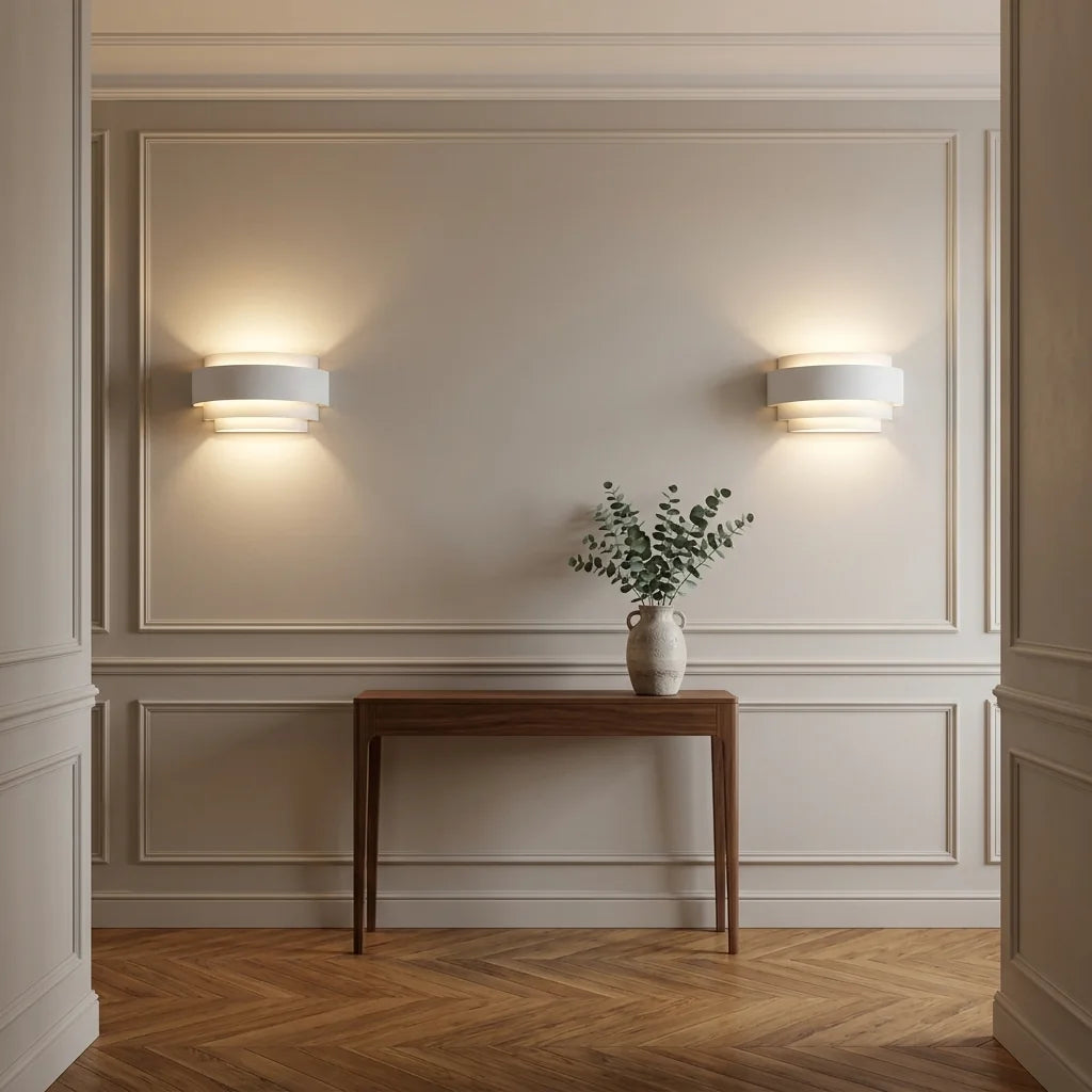 Deux appliques multicouches blanches dans une entrée à moulures