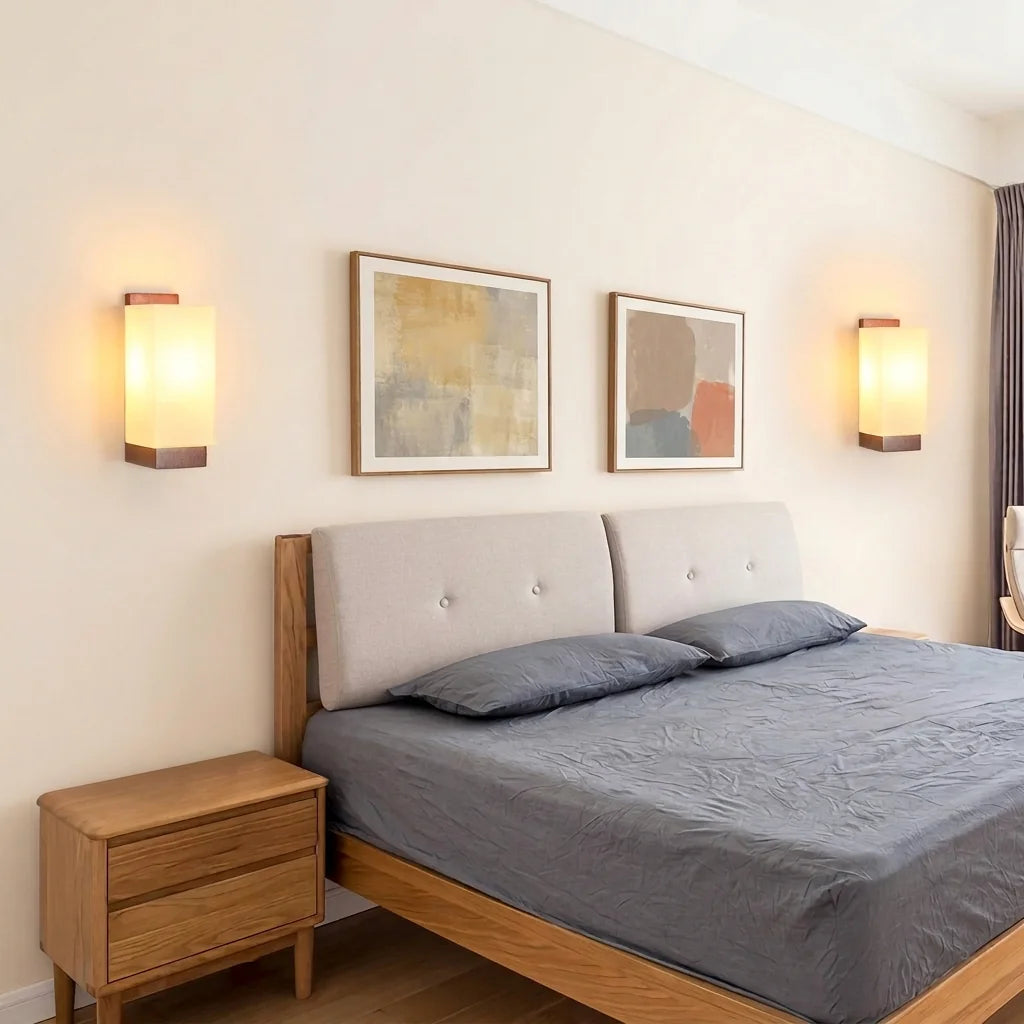 Paire d'appliques bois et verre opale de part et d'autre d'un lit en chêne