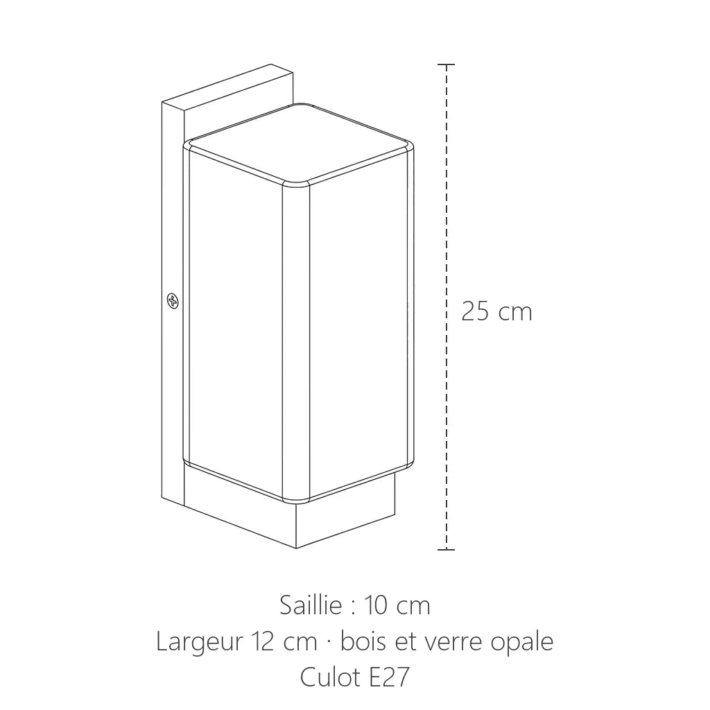 Dimensions de l'applique bois et verre : 25 cm de haut, 10 cm de saillie